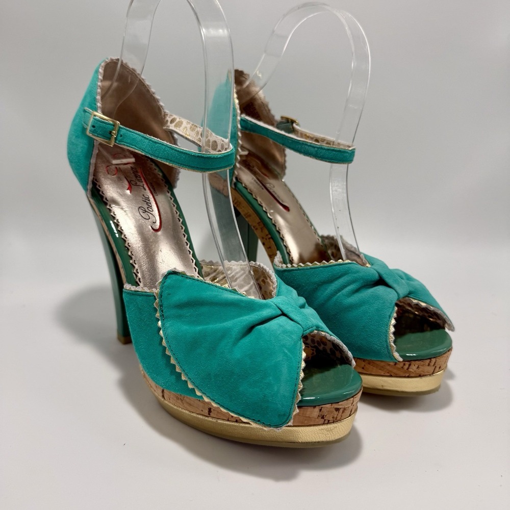 Poetic License Date Night Teal Gold Trim Stiletto Platform Heels Peep Toe 8.5M